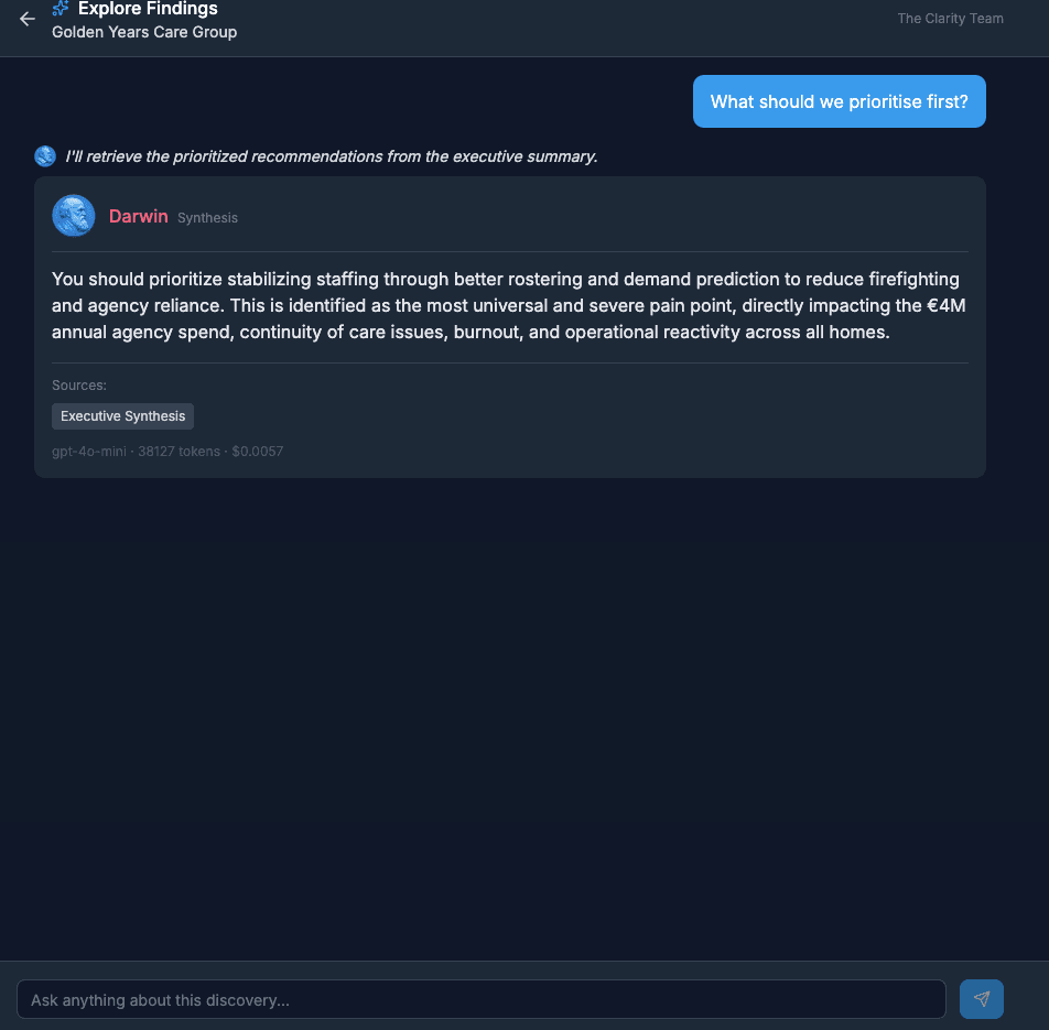 Query portal showing AI-generated answer with evidence sources from interviews