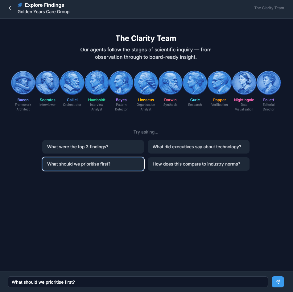 Query portal showing stakeholder asking a question about discovery findings