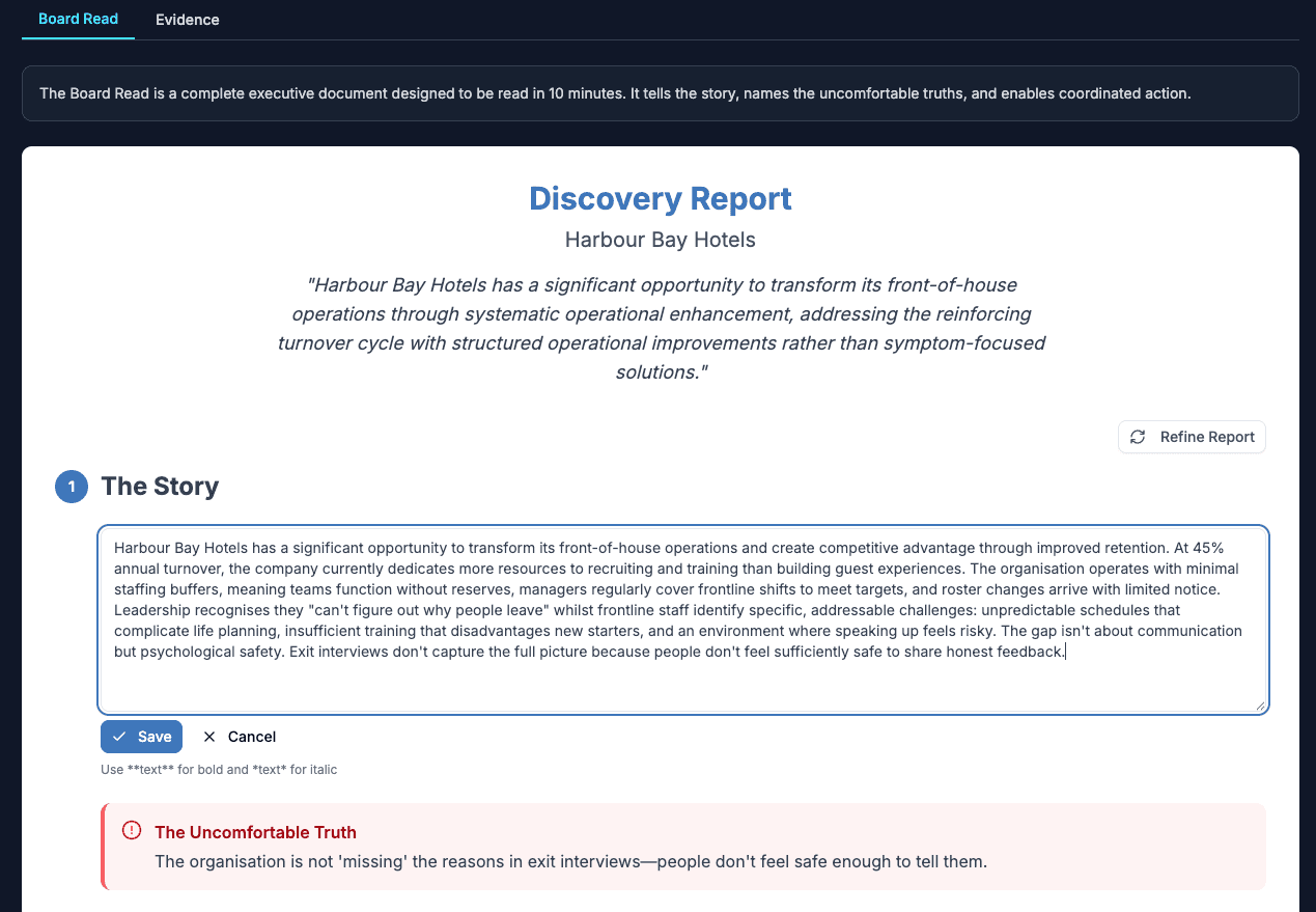 Editing AI synthesis findings with inline editing and evidence references