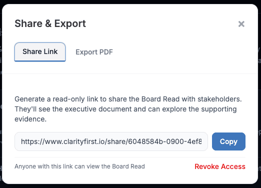 Share link dialog for providing stakeholder access to discovery findings