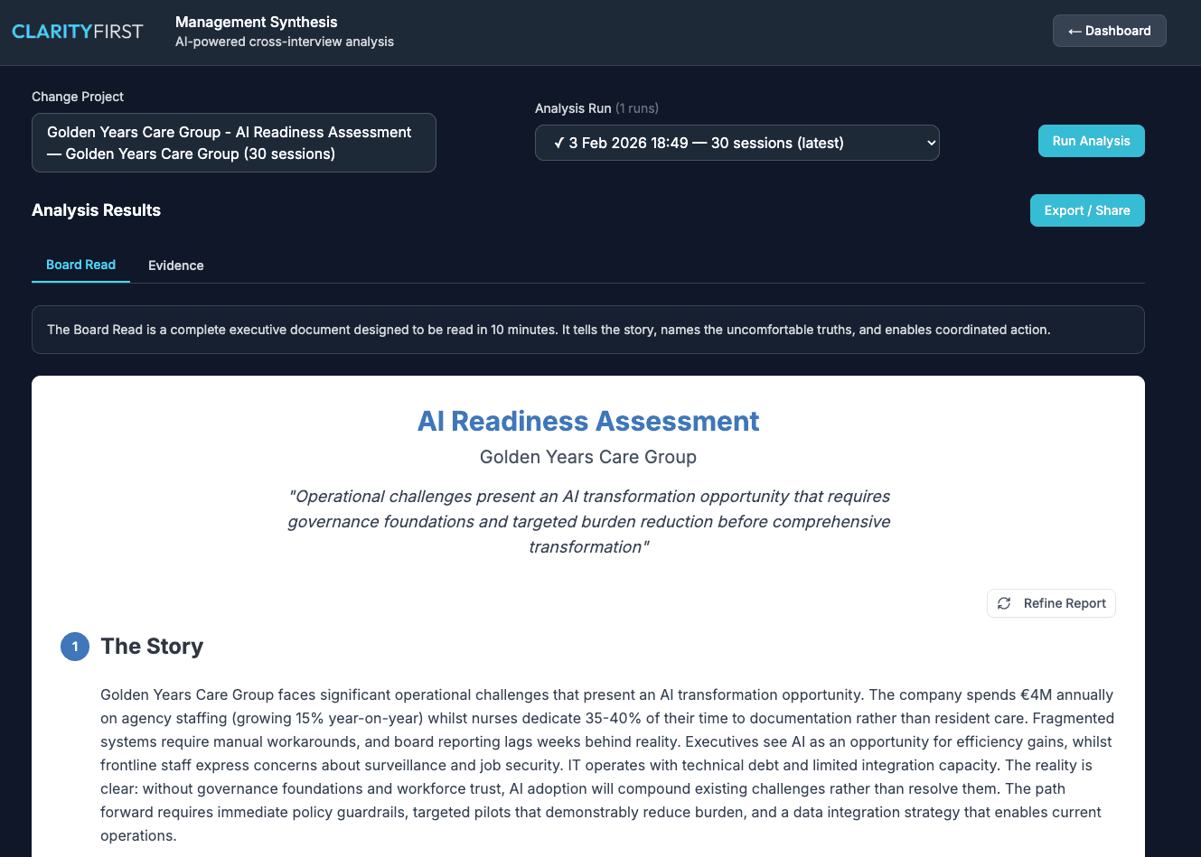Synthesis dashboard showing AI analysis results with findings, patterns, and recommendations