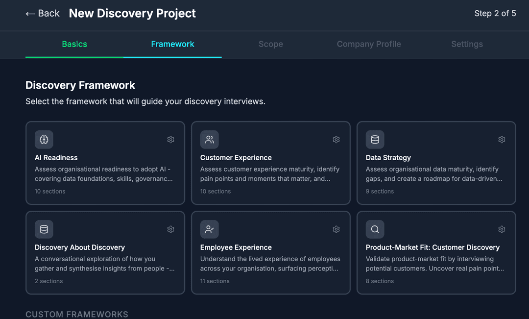 Framework selection showing Data Strategy, AI Readiness, and Customer Experience options